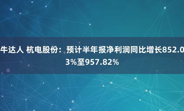 牛达人 杭电股份：预计半年报净利润同比增长852.03%至957.82%